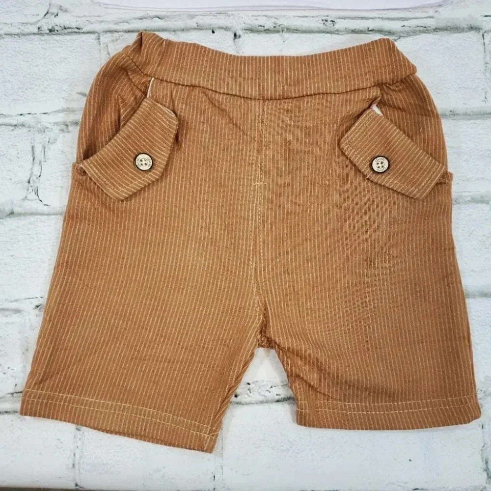 9-12M Brown Faux Suit Shorts Baby Boys 2 pcs Outfit. T-Shirt and Shorts Set
